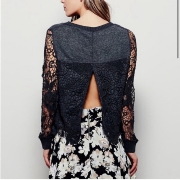 Free People “Pretty Rad” Sweater Gray Lace Crochet Split Back Knit - Picture 2 of 15